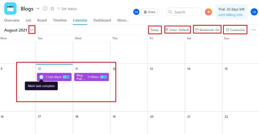 Asana Calendar View Options